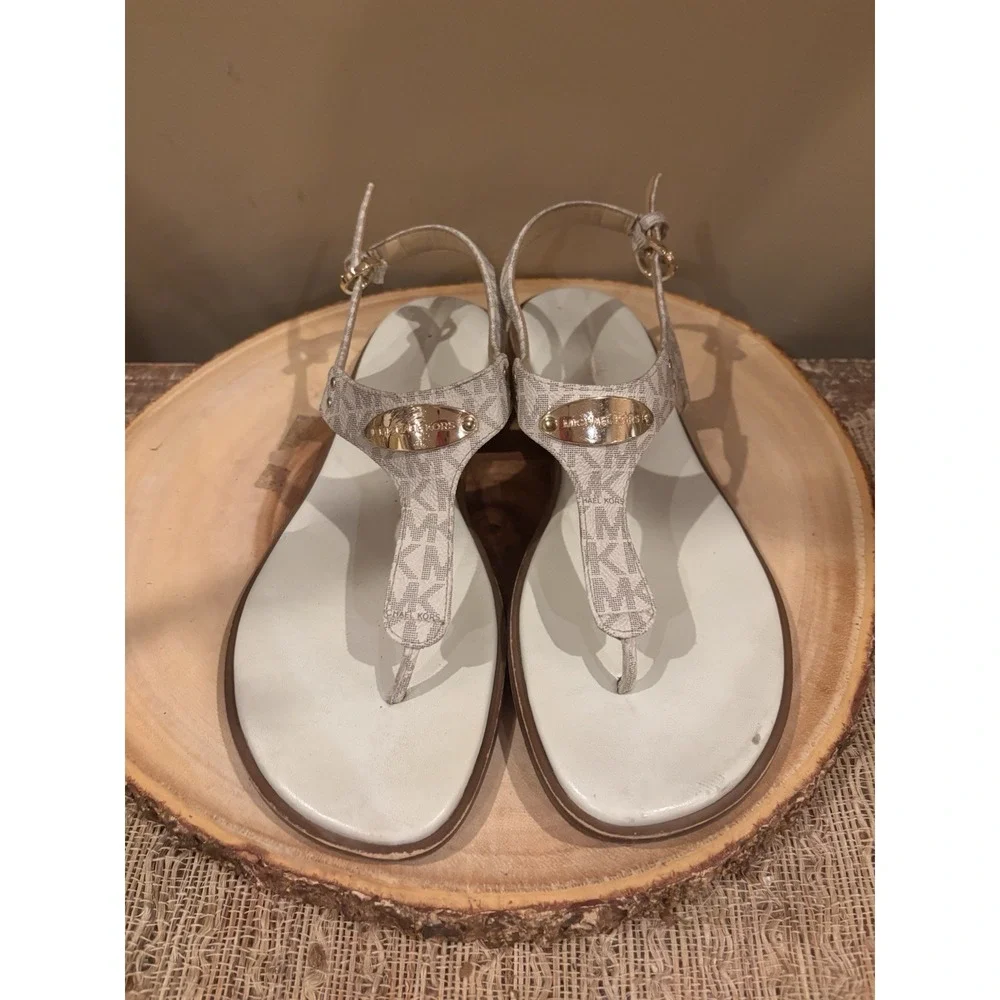 Michael Kors Women's MK Plate Logo Thong Flat Sandal - Vanilla - Canvas Logo 9.5